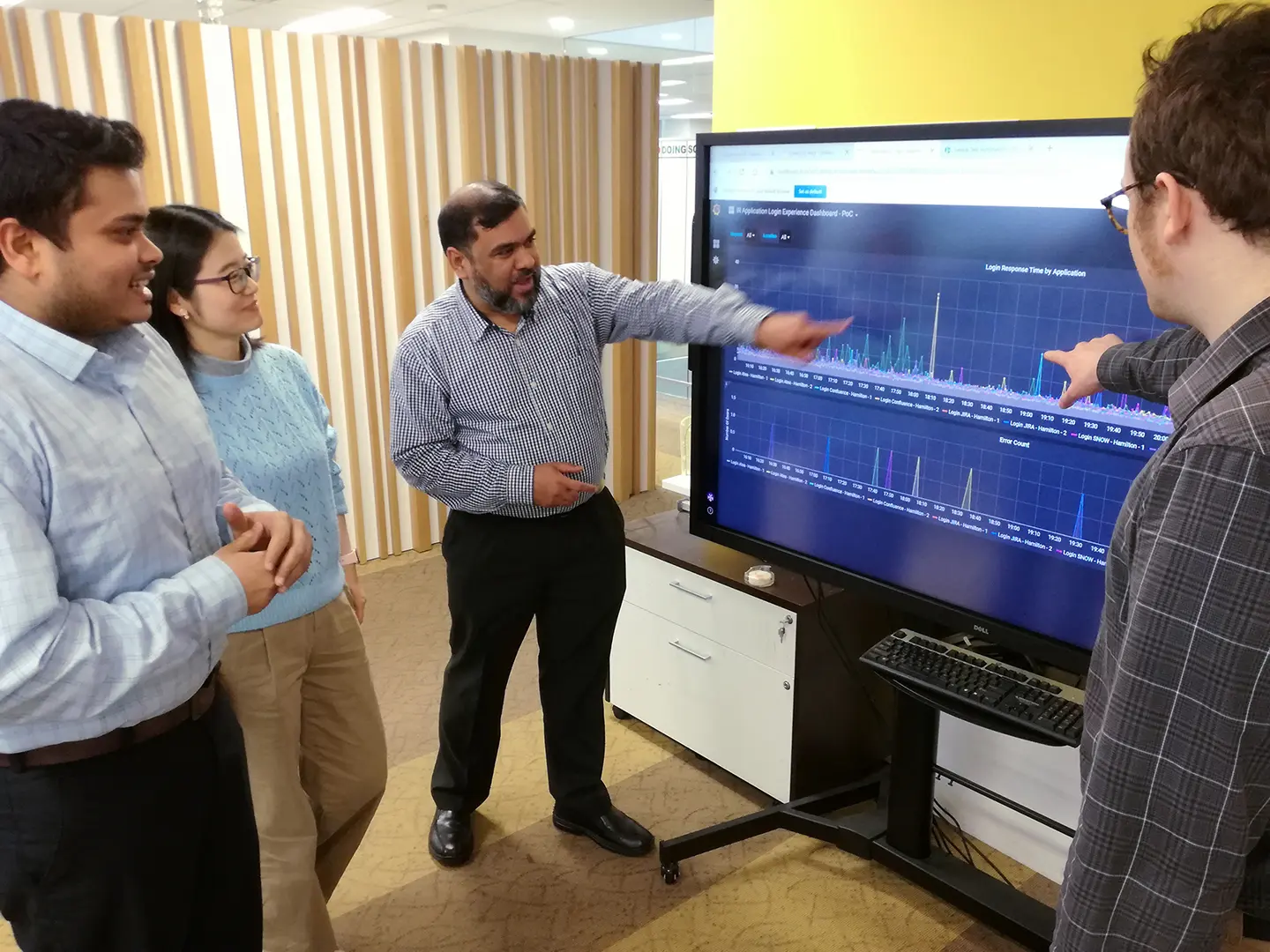 Four people stand around a large screen displaying data graphs. Two individuals point at the screen, discussing the information shown.