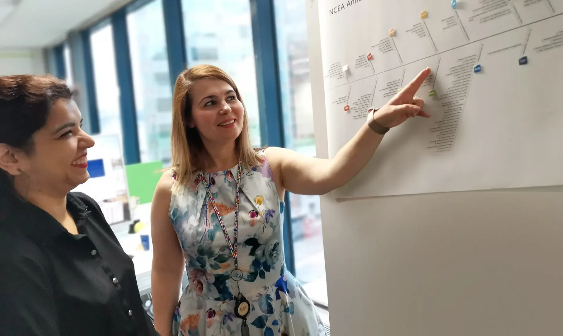 Two people @ NZQA stand beside a wall-mounted chart covered in text and colored markers. One person gestures toward the chart, indicating a discussion or explanation. The setting suggests collaborative planning or review in a professional or workshop environment.